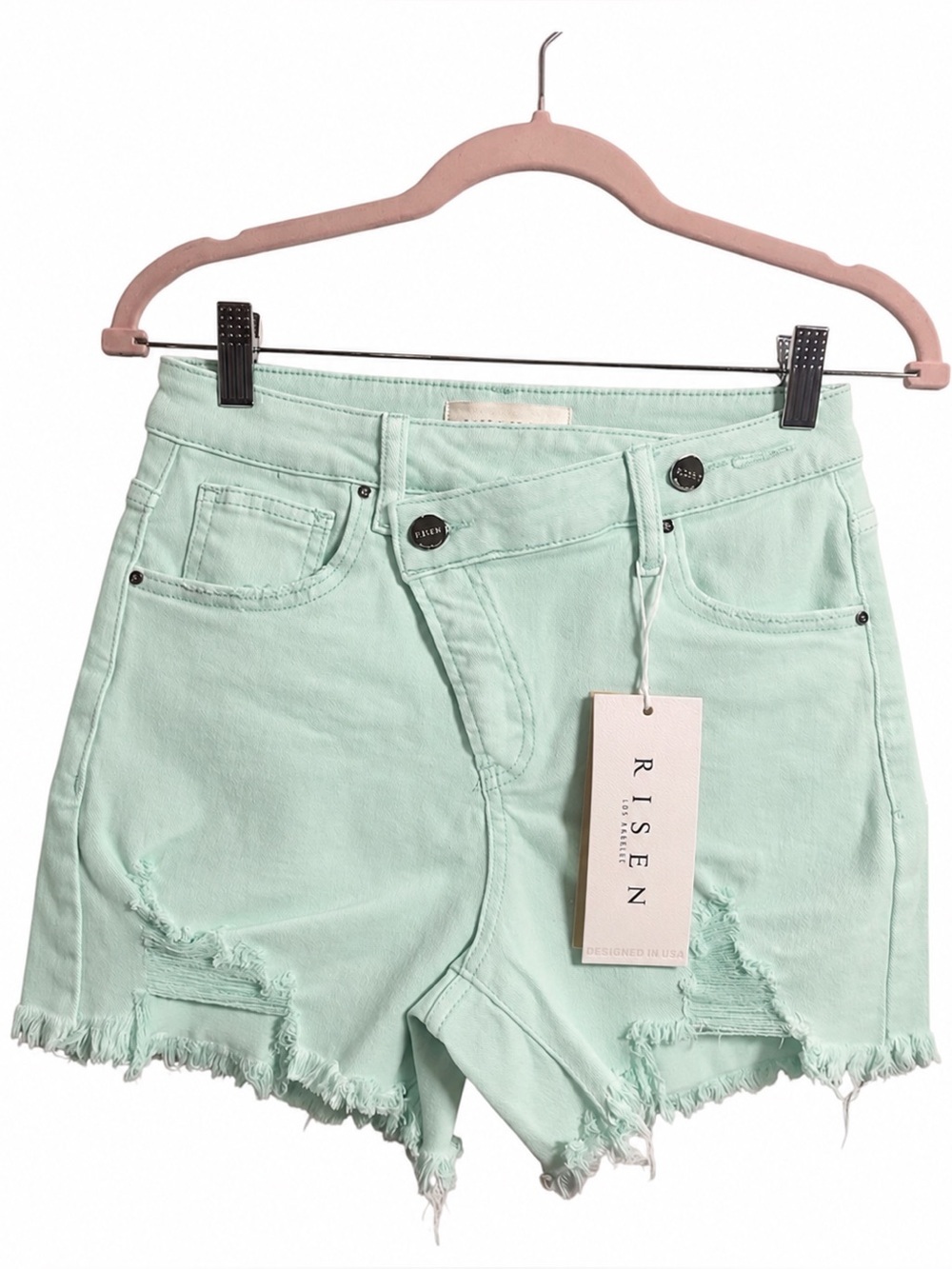 RISEN Mint Distressed High-Rise Denim Shorts